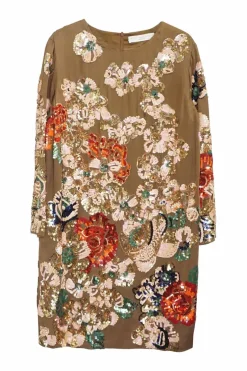 Brown silk hand-sewn sequined mini shift dress