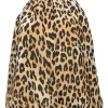 Brown silk leopard print mock neck tulip-back bubble blouse with ribbon-tie fastening at nape