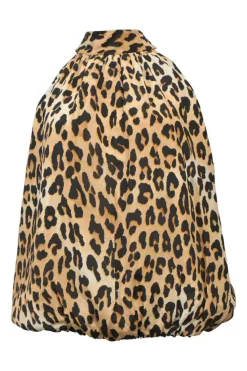 Brown silk leopard print mock neck tulip-back bubble blouse with ribbon-tie fastening at nape
