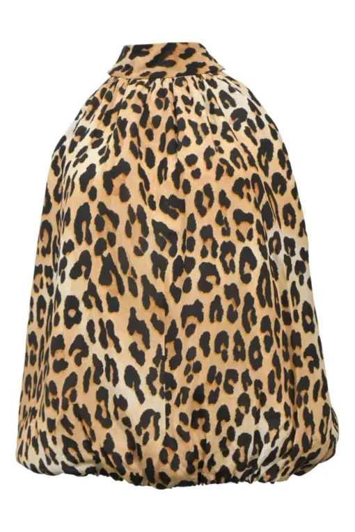 Brown silk leopard print mock neck tulip-back bubble blouse with ribbon-tie fastening at nape
