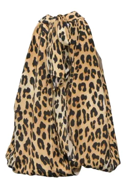 Brown silk leopard print mock neck tulip-back bubble blouse with ribbon-tie fastening at nape