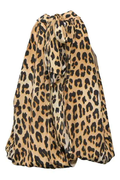 Brown silk leopard print mock neck tulip-back bubble blouse with ribbon-tie fastening at nape