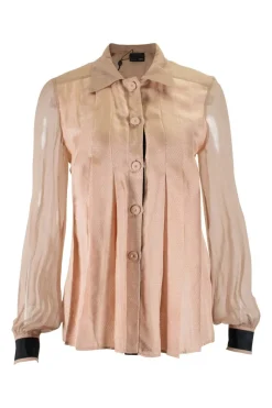 Brown silk long-sleeved pleated shirt