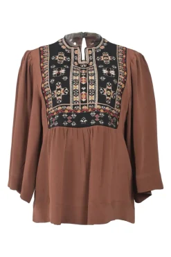 Brown silk Y-collar swing-style cropped sleeve tunic with contrasting embroidered bib