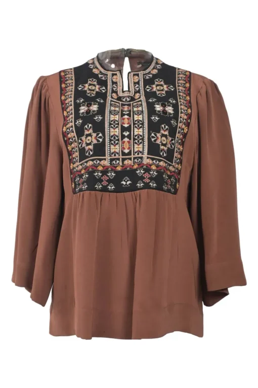 Brown silk Y-collar swing-style cropped sleeve tunic with contrasting embroidered bib