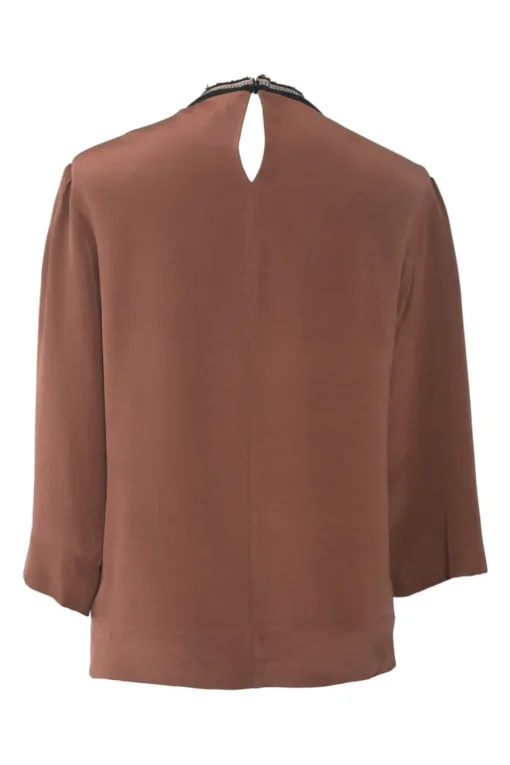 Brown silk Y-collar swing-style cropped sleeve tunic with contrasting embroidered bib