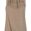 Brown sleeveless silk top with ruffle details and stretch waist