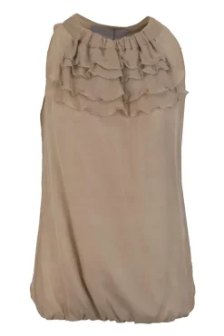Brown sleeveless silk top with ruffle details and stretch waist