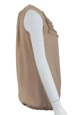 Brown sleeveless silk top with ruffle details and stretch waist
