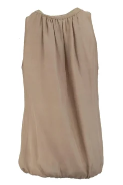Brown sleeveless silk top with ruffle details and stretch waist