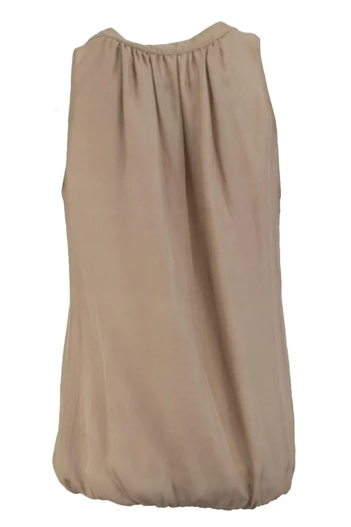 Brown sleeveless silk top with ruffle details and stretch waist
