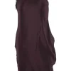 Brown sleeveless single shoulder silk mini dress with overlapping front and leather binding on the neckline and armhole
