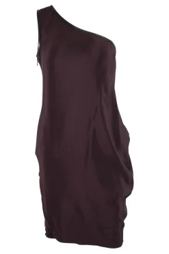Brown sleeveless single shoulder silk mini dress with overlapping front and leather binding on the neckline and armhole