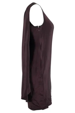Brown sleeveless single shoulder silk mini dress with overlapping front and leather binding on the neckline and armhole