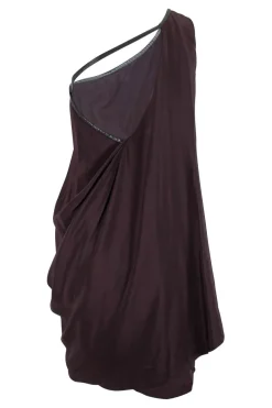 Brown sleeveless single shoulder silk mini dress with overlapping front and leather binding on the neckline and armhole
