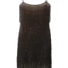 Brown tiered chenille fringe-embellished rayon-blend slip dress