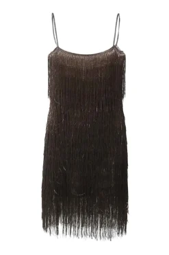 Brown tiered chenille fringe-embellished rayon-blend slip dress