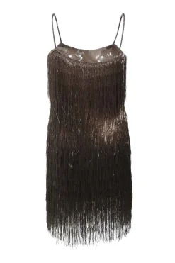 Brown tiered chenille fringe-embellished rayon-blend slip dress