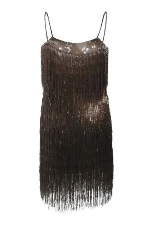Brown tiered chenille fringe-embellished rayon-blend slip dress