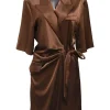 Brown triacetate-blend satin notch lapel Amar surplice wrap mini dress