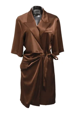 Brown triacetate-blend satin notch lapel Amar surplice wrap mini dress