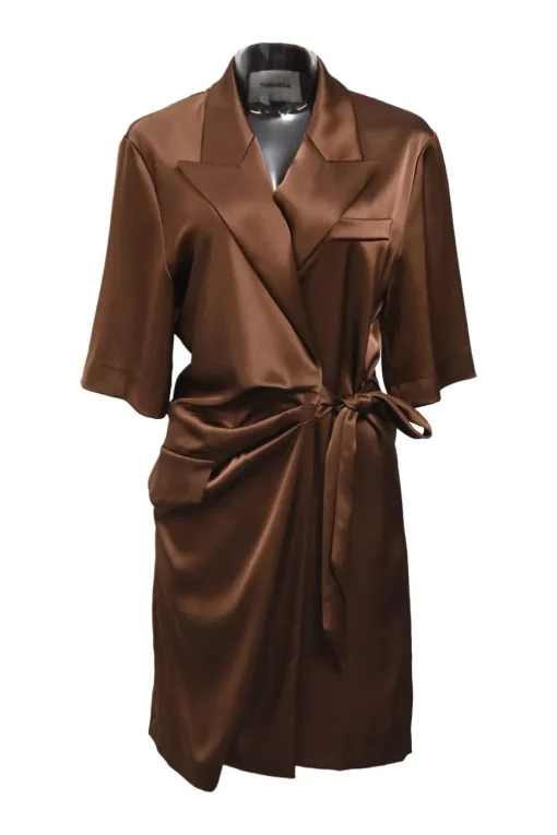 Brown triacetate-blend satin notch lapel Amar surplice wrap mini dress