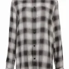 Brown viscose degradé windowpane plaid spread collar button-front shirt