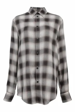 Brown viscose degradé windowpane plaid spread collar button-front shirt