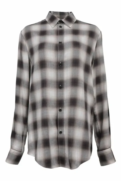 Brown viscose degradé windowpane plaid spread collar button-front shirt