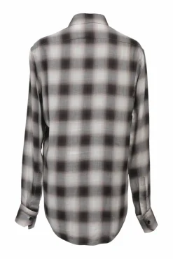 Brown viscose degradé windowpane plaid spread collar button-front shirt