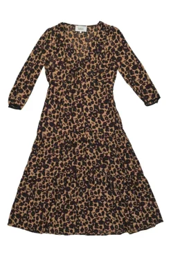 Brown viscose leopard print empire-waist tiered midi dress