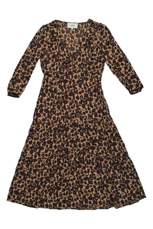 Brown viscose leopard print empire-waist tiered midi dress