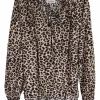 Brown viscose leopard print tie-neck pullover ruffle blouse with blouson sleeves