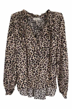 Brown viscose leopard print tie-neck pullover ruffle blouse with blouson sleeves