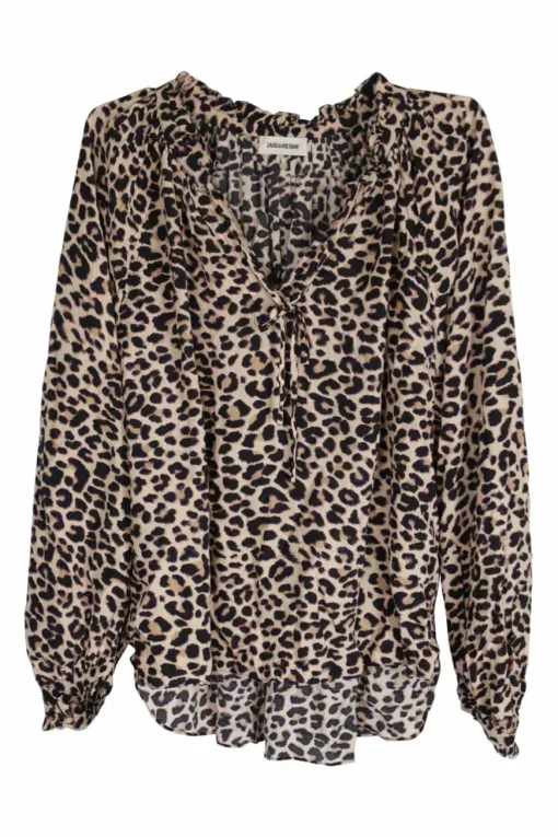 Brown viscose leopard print tie-neck pullover ruffle blouse with blouson sleeves