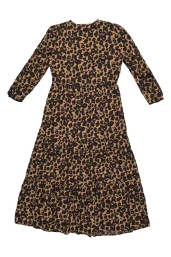Brown viscose leopard print empire-waist tiered midi dress