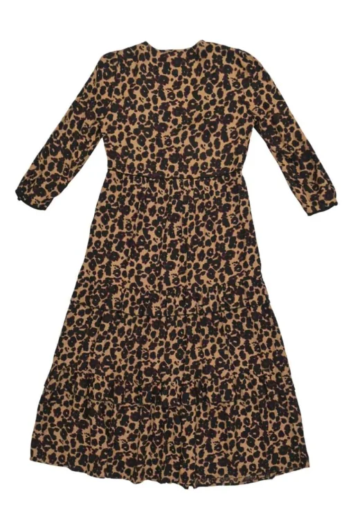 Brown viscose leopard print empire-waist tiered midi dress
