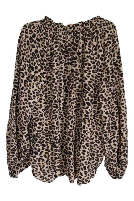 Brown viscose leopard print tie-neck pullover ruffle blouse with blouson sleeves