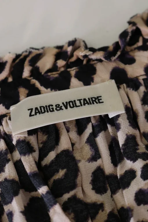 Brown viscose leopard print tie-neck pullover ruffle blouse with blouson sleeves