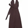 Brown viscose tie-waist halter neck wrap midi dress