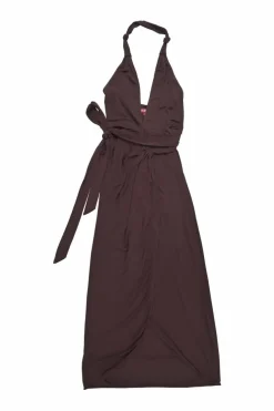 Brown viscose tie-waist halter neck wrap midi dress