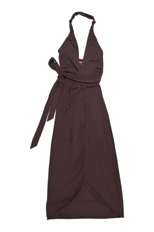 Brown viscose tie-waist halter neck wrap midi dress