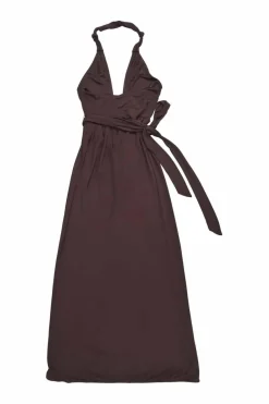 Brown viscose tie-waist halter neck wrap midi dress