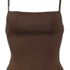Brown viscose-blend jersey knit square-neck cami