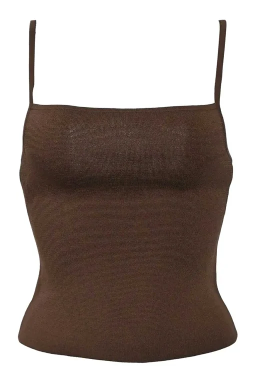 Brown viscose-blend jersey knit square-neck cami
