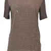 Brown viscose-blend open-gauge warp knit paneled t-shirt with studded front panel