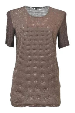 Brown viscose-blend open-gauge warp knit paneled t-shirt with studded front panel