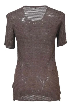 Brown viscose-blend open-gauge warp knit paneled t-shirt with studded front panel