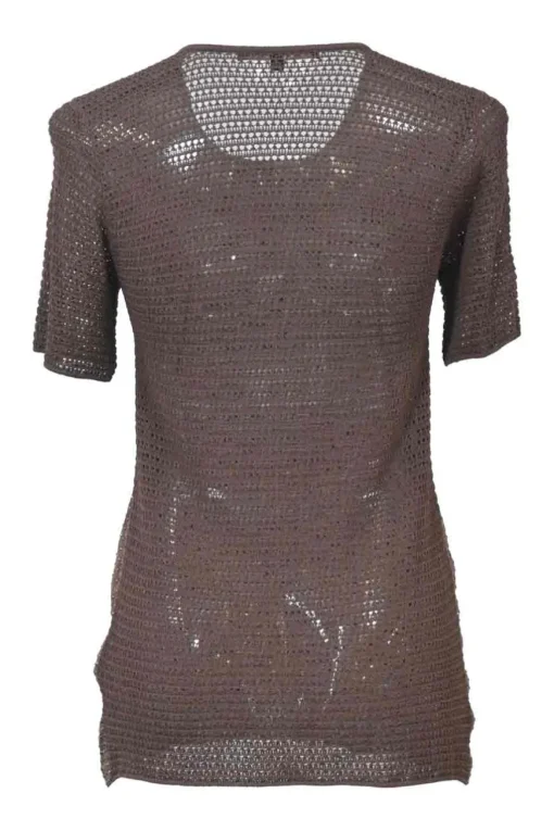 Brown viscose-blend open-gauge warp knit paneled t-shirt with studded front panel