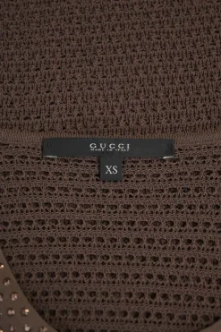 Brown viscose-blend open-gauge warp knit paneled t-shirt with studded front panel
